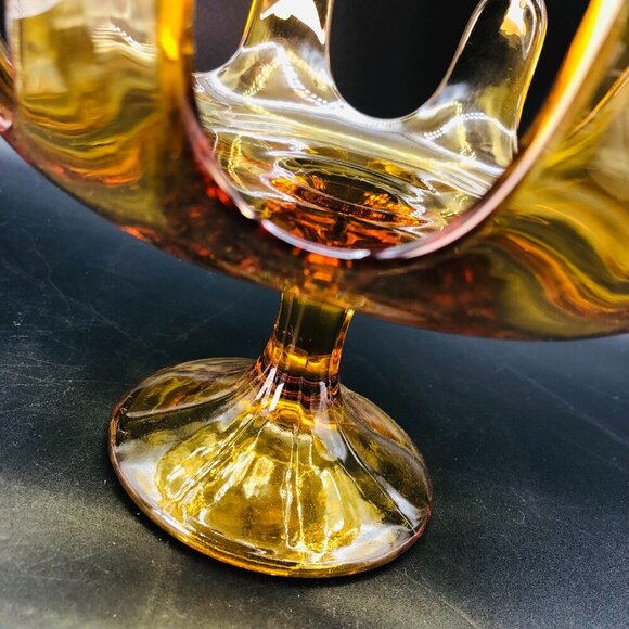 Mid Century Amber Art Glass Pedestal Compote 8 petals Vintage Bowl Centerpiece - Picture 3 of 10